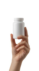 Woman's hand holding white pill bottle on transparent background, showcasing pharmaceutical product for well-being