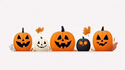 A row of carved pumpkins in various colors and sizes, with autumn leaves, on a white background. Halloween theme.