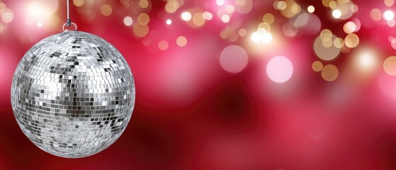 Shiny disco ball hanging against a backdrop of colorful lights, creating a festive atmosphere for a lively celebration or party scene