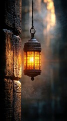 A glowing lantern hangs from a chain, casting warm light in a dimly lit, atmospheric setting.