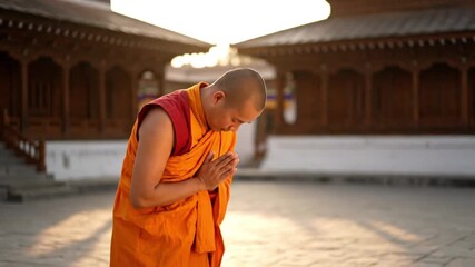 Young Buddhist monk bowing with clasped hands in a serene temple courtyard
