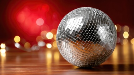 Shiny disco ball sits on wooden table with festive background, creating a vibrant atmosphere for dance and celebration