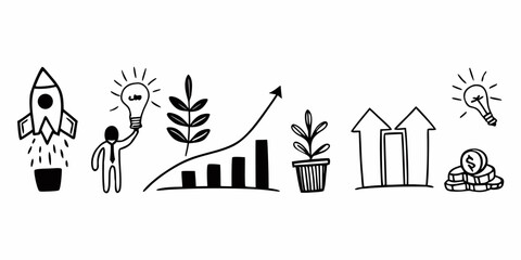 Creative doodle art showcasing concepts of business development, financial growth, startup launch, and innovative ideas leading to success