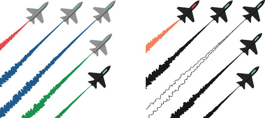 Jet Formation Icon Set Featuring Smooth and Textured Colored Trails for Aviation, Motion Graphics, Military, and Airshow Design Use