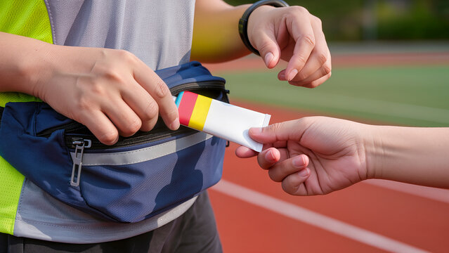 Athlete taking an energy gel or glucose sachet from a fanny pack on a running track (for blood sugar control).