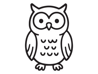 Cute outline illustration of an owl in simple black line art, featuring large round eyes, minimal details, and a clean symmetrical design. Perfect for coloring pages, icons, stickers, and vector graph