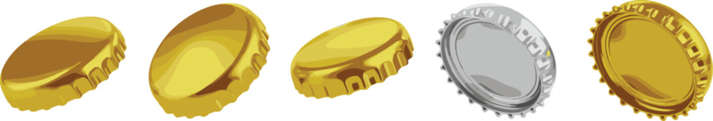 Realistic metal bottle caps in gold and silver colors displayed in various angles, showcasing detailed ridges, glossy reflections, and beverage packaging elements