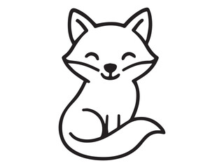 black and white line art illustration of a smiling fox sitting with its tail curled. Simple, clean, and minimal design suitable for coloring pages, logos, stickers, and kids’ graphics.