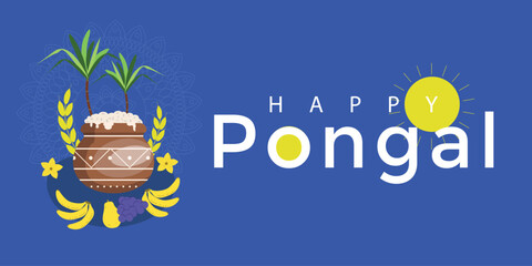 Indiana celebration harvest Pongal banner. Pot, plant, fruit, sun, text. Vector illustration