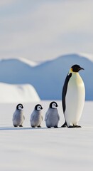 Emperor Penguin Adult and Chicks in Antarctic Snow