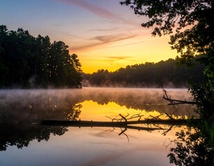 Calm lake reflects a yellow, orange, and blue sunset through low-lying fog with a fallen branch in the foreground