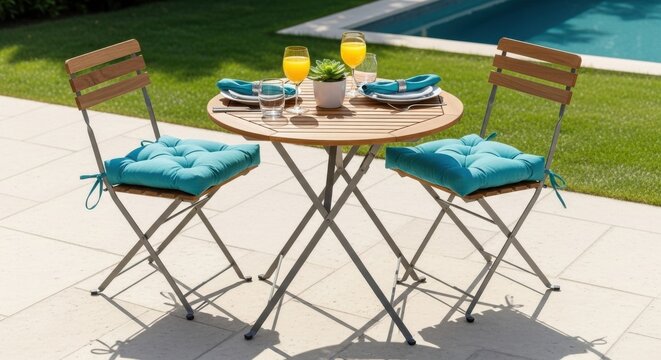 Outdoor bistro set with drinks by poolside