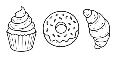 Black and white vector illustration of a cupcake, donut, and croissant in simple hand-drawn style. Ideal for bakery branding, menu design, food packaging, icons, and coloring pages.