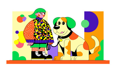 Obraz premium Girl Walking Dog in Bold Abstract Setting