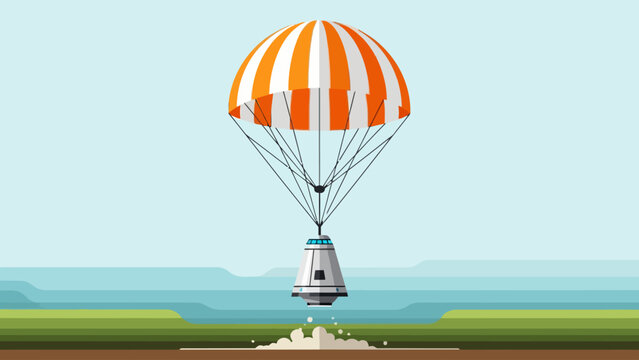 Space capsule descending under an orange and white parachute