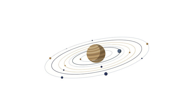 Solar system with large striped planet and orbiting bodies