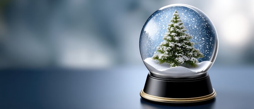 Snow globe featuring a winter scene with a Christmas tree surrounded by falling snowflakes on a dark surface