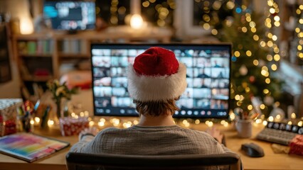 Cozy holiday scene with woman in Santa hat on Christmas computer call