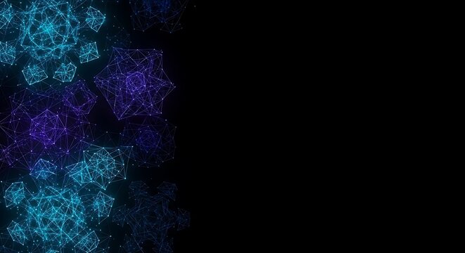 Stunning network design with abstract geometric shapes in vibrant blue and purple hues against a clean dark backdrop for modern presentations