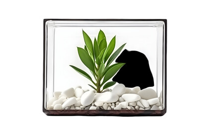 Lush green plant growing from smooth white stones in modern glass terrarium, bringing nature indoors for stylish minimalist home decor and tranquil zen atmosphere