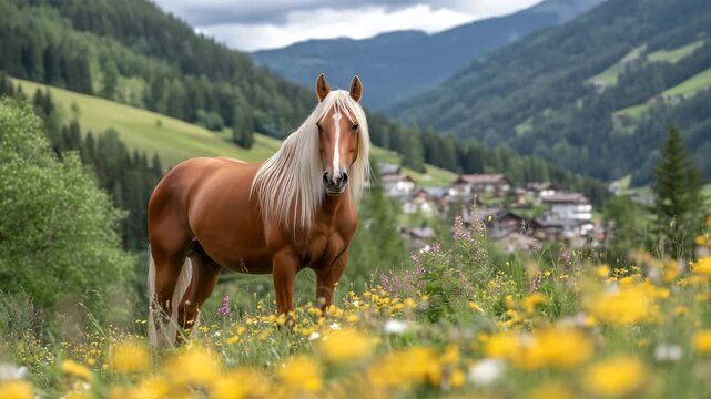 栗毛の馬が草原に佇む春の日の風景