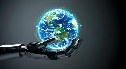 Futuristic robot hand cradling a glowing Earth, symbolizing global technology, innovation, and interconnectedness, perfect for forward-thinking businesses
