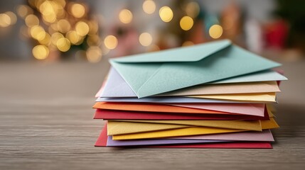 Stack of Colorful Envelopes with Bokeh