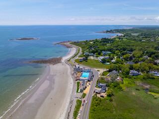 Obraz premium Sawyers Beach and The Beach Club house aerial view in summer with Ocean Boulevard in town of Rye, New Hampshire NH, USA. 