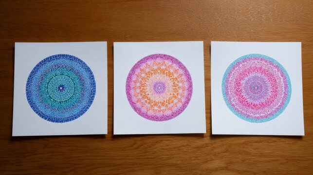 Three colorful mandala art pieces beautifully displayed on a wooden surface. Each mandala showcases intricate patterns and vibrant colors. Perfect for decoration or relaxation. AI