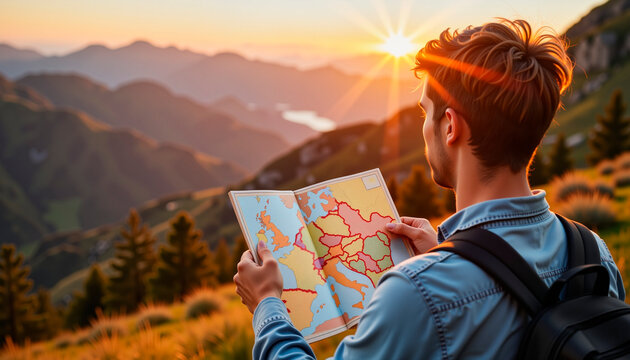 Young man exploring a map while hiking in mountains at sunset