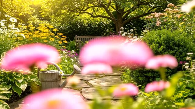 Lush Summer Garden Path with Vibrant Flowers and Sunlight.