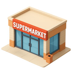 STYLE Icon 3D render, Isometric style of Supermarket &ndash; Large glass entrance, carts, bold logo, isolated on a transparent background