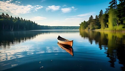 Calm lake reflects sky and trees, canoe floating peacefully with ripple reflections