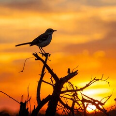 Bird silhouetted against a vibrant sunset sky perched on a stark, barren tree branch