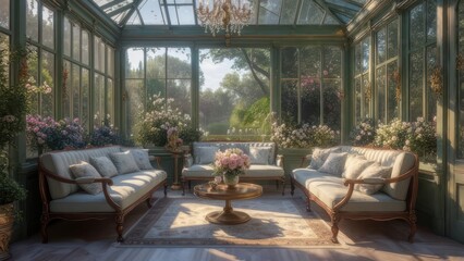 Fototapeta premium Sunlit conservatory with antique furniture and garden view