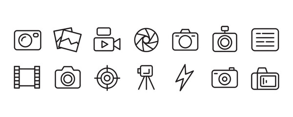 Capture memories with this simple photography line icon set, perfect for modern designs, website features, and social media content creation projects