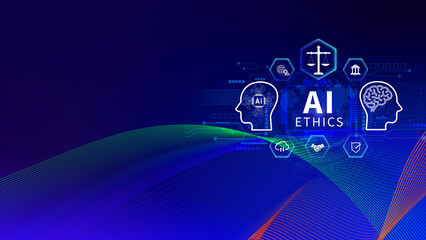 AI ethics expert guides the way, balancing artificial intelligence with humanity, Icons related AI ethics, symbols of legal scales, security, ethical standards and regulations in AI technology.