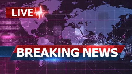 Urgent breaking news broadcast overlay with a world map background delivers critical updates and insights in real-time for informed audiences