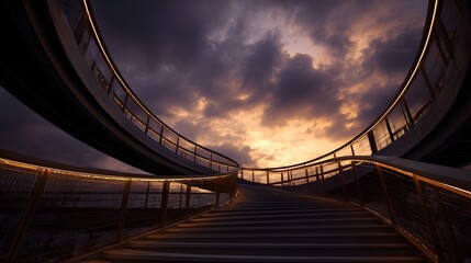 A modern curved staircase with illuminated railings ascends into a dramatic sunset sky with swirling clouds