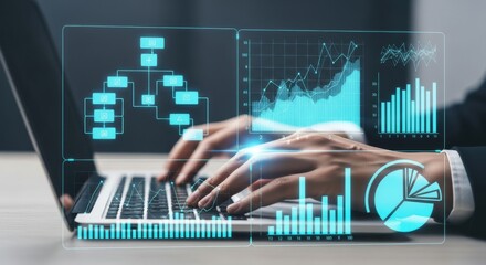 Business analytics dashboard with charts and flowchart
