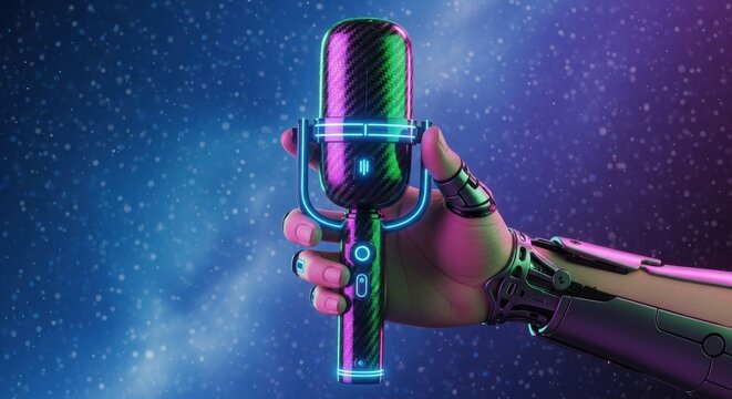 Futuristic robot hand holding neon microphone