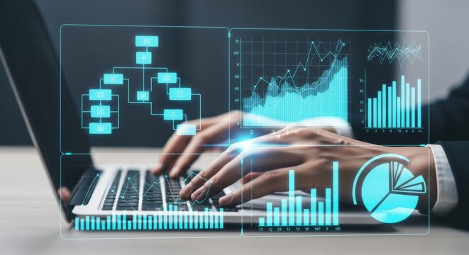 Business analytics dashboard with charts and flowchart