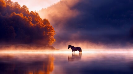 A horse stands in a lake surrounded by mist and a forest at sunrise. The scene is illuminated by warm, golden light.