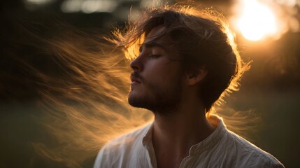 Young man with eyes closed head tilted back bathed in warm golden hour sunlight with hair flowing in the wind