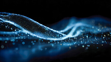 Abstract digital wave composed of glowing particles and points of light floating over a dark background, representing futuristic technology concepts and energy flow