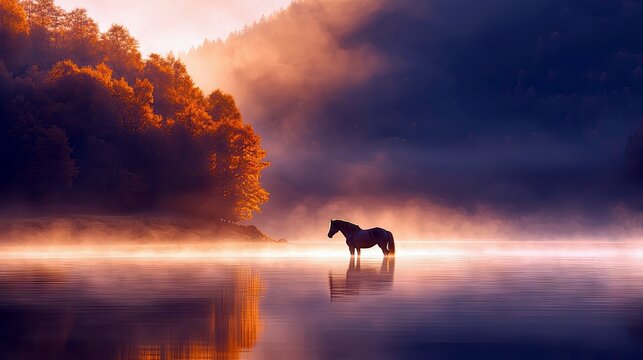 A horse stands in a lake surrounded by mist and a forest at sunrise. The scene is illuminated by warm, golden light.
