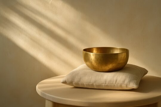 Golden bowl resting on a soft pillow in a sunlit serene setting