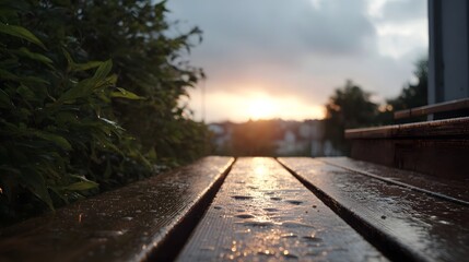 Fototapeta premium Wet wooden surface reflecting sunset light with rain droplets and distant cityscape