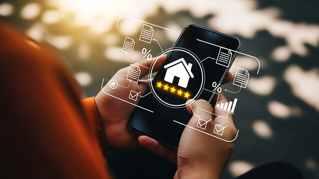Digital real estate mobile application featuring a house icon with five-star ratings, managing property documents, loans, and services
