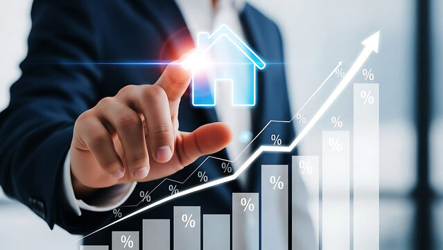 Businessman's hand touching a glowing house icon on a futuristic interface, illustrating real estate investment growth and property market success. - Powered by Adobe